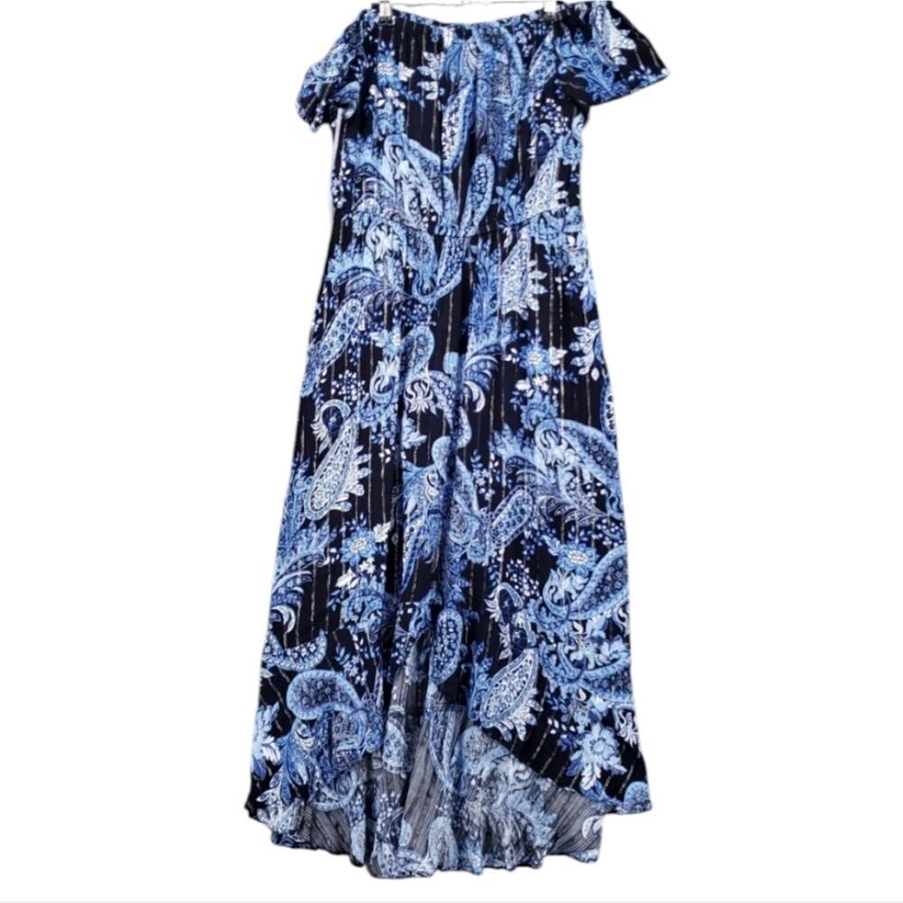 Lane Bryant Dress Womens 26/28 4X Black‎ Blue Off Shoulder Paisley Midi Hi Low